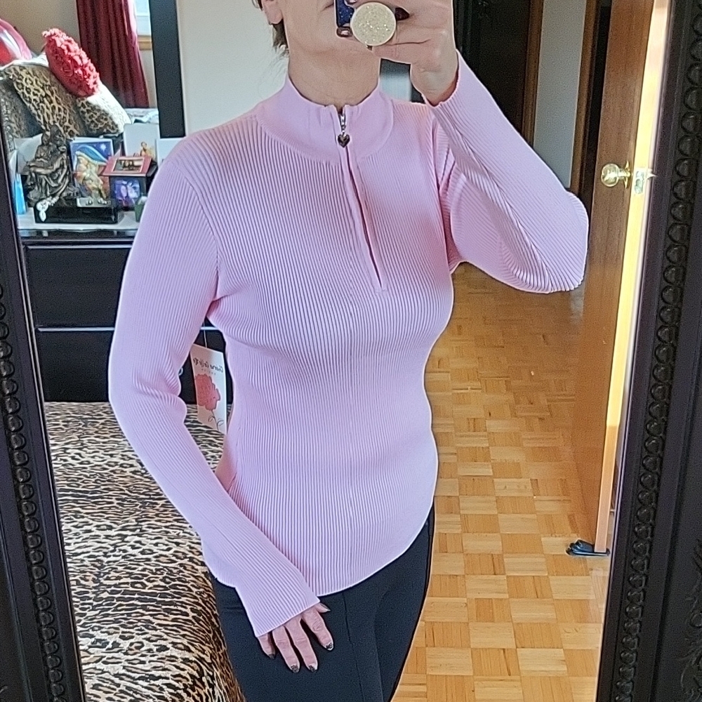 NEW Blush Pink Ribbed Women's Sweater, Half Zip with Darling Heart Charm, L
